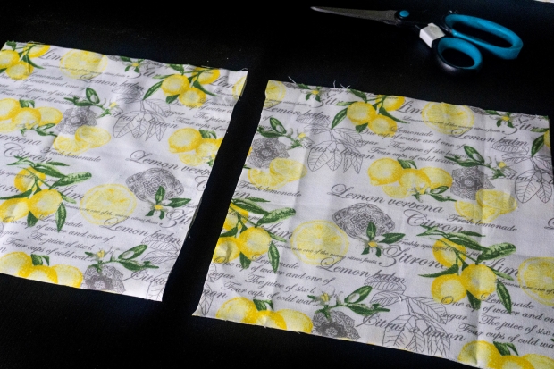 Two cut fabric squares for a DIY pot holder