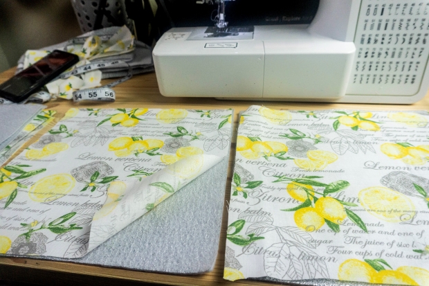 Two squares of lemon fabric with insul-fleece for DIY pot holder
